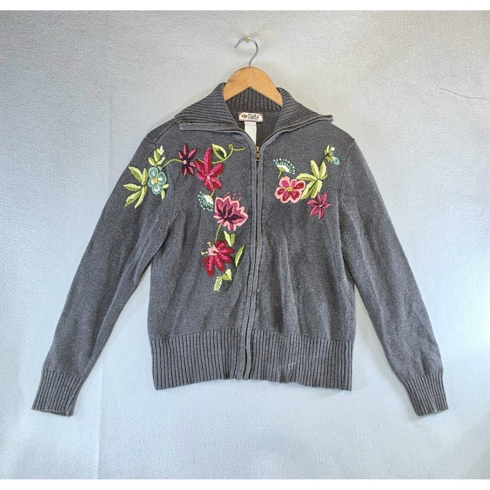 VTG Tiara International Cottagecore Floral Embroidered Zip Cardigan Coquette L